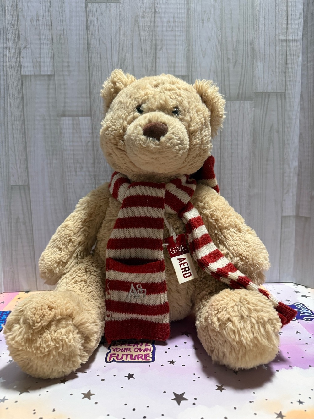 Aeropostale Teddy Bear Plush 14” Red & White Striped Scarf Give Aero Tag